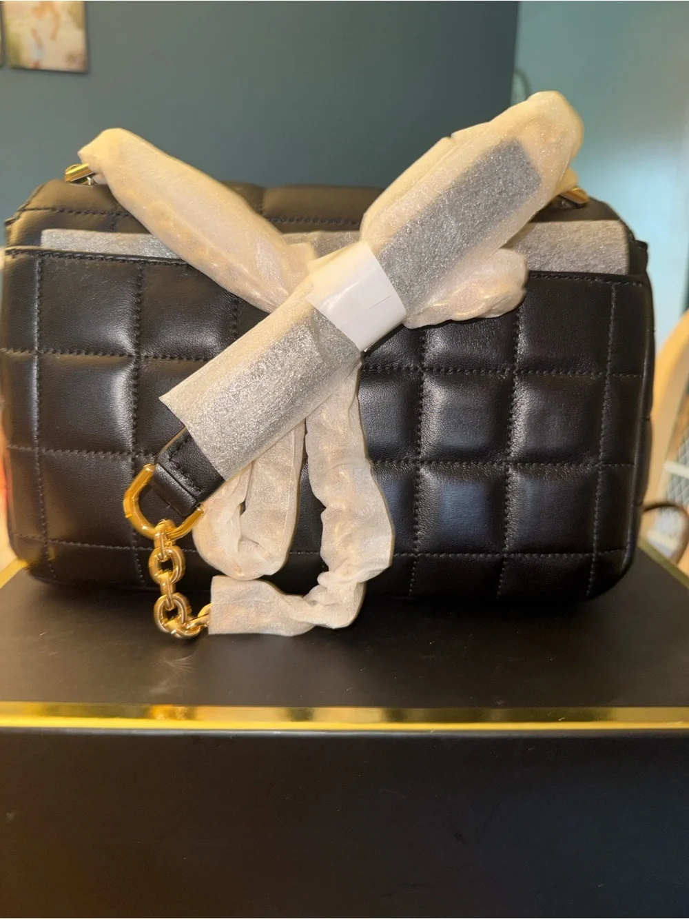 Michael Kors Black Quilted Crossbody Bag with Gold Hardware